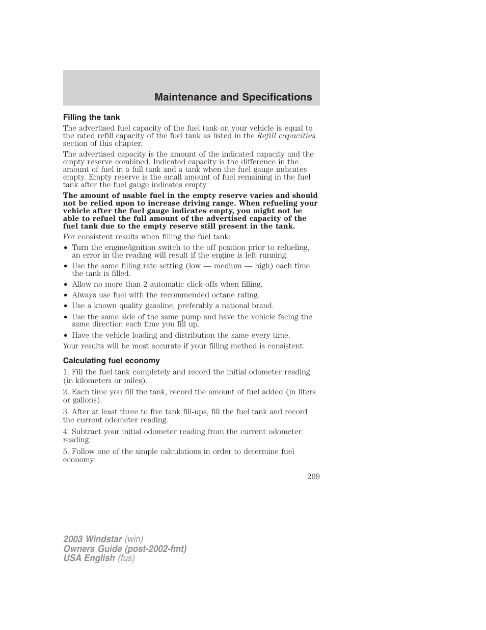 Maintenance and specifications | FORD 2003 Windstar v.3 User Manual | Page 209 / 240