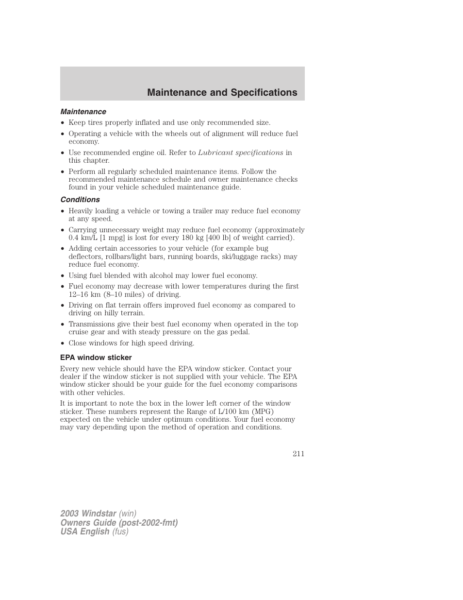 Maintenance and specifications | FORD 2003 Windstar v.3 User Manual | Page 211 / 240