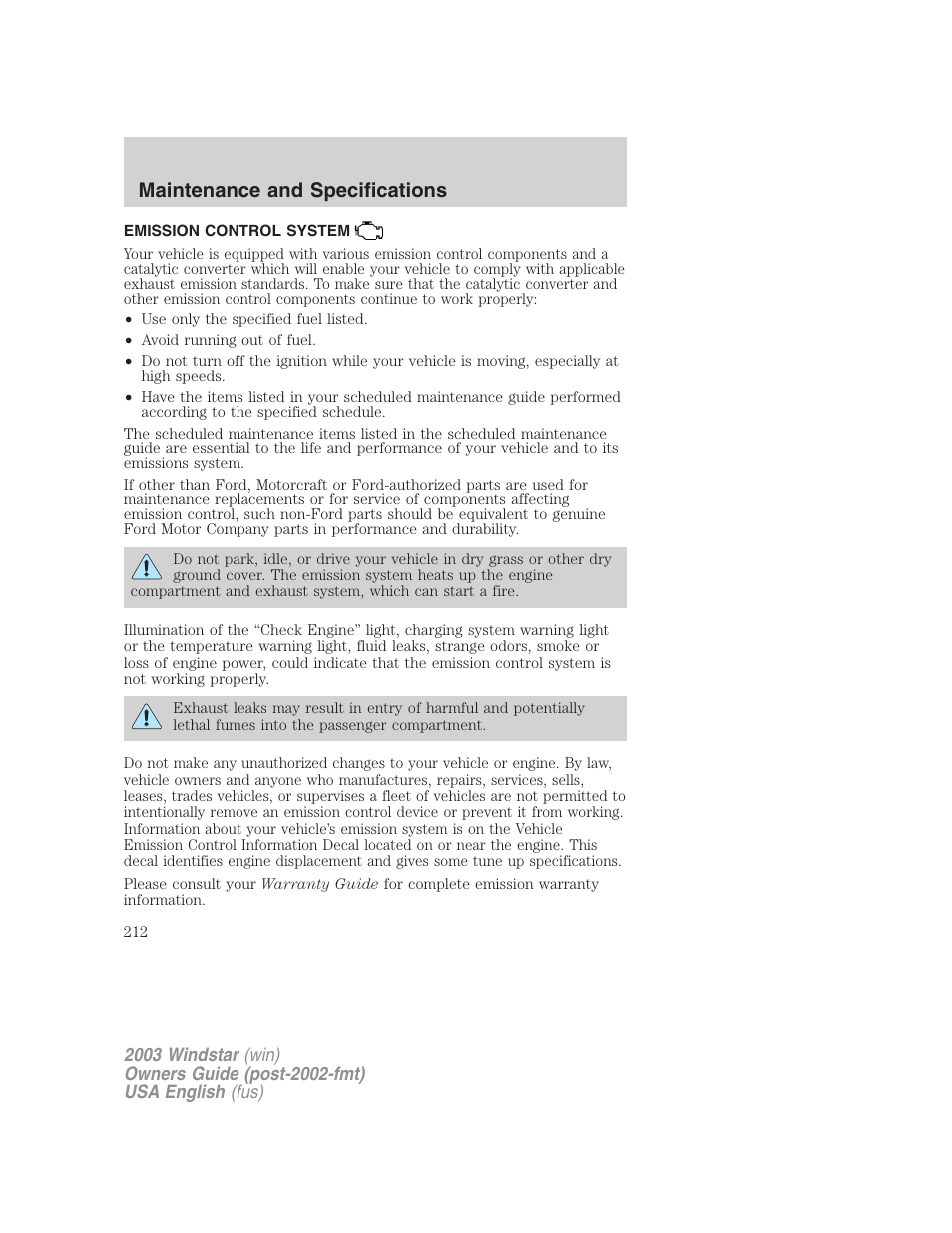 Maintenance and specifications | FORD 2003 Windstar v.3 User Manual | Page 212 / 240