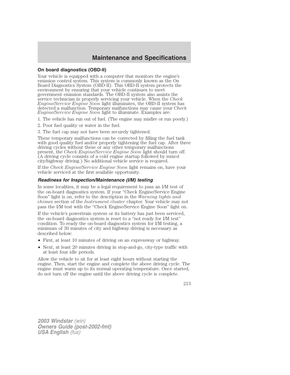 Maintenance and specifications | FORD 2003 Windstar v.3 User Manual | Page 213 / 240