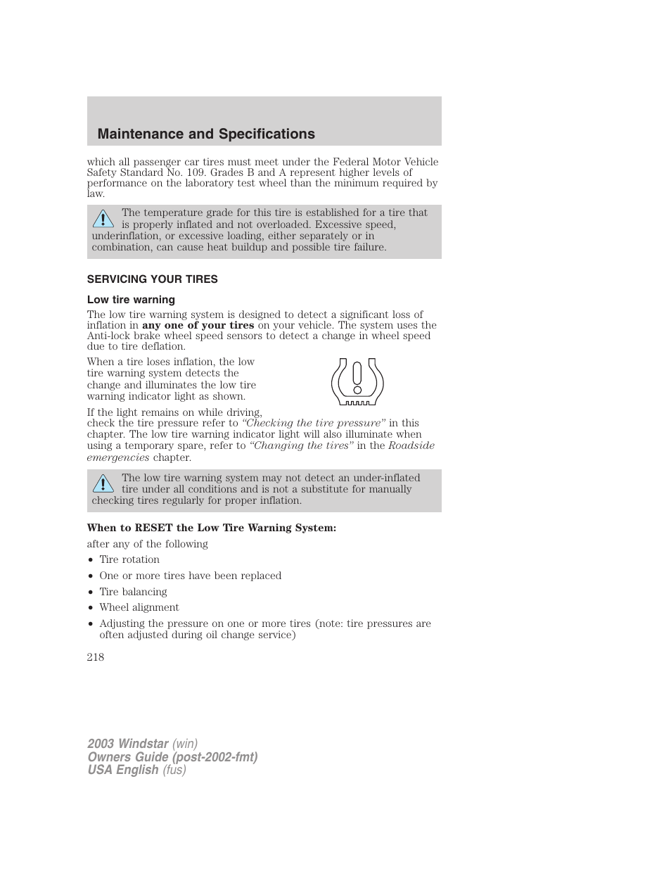Maintenance and specifications | FORD 2003 Windstar v.3 User Manual | Page 218 / 240