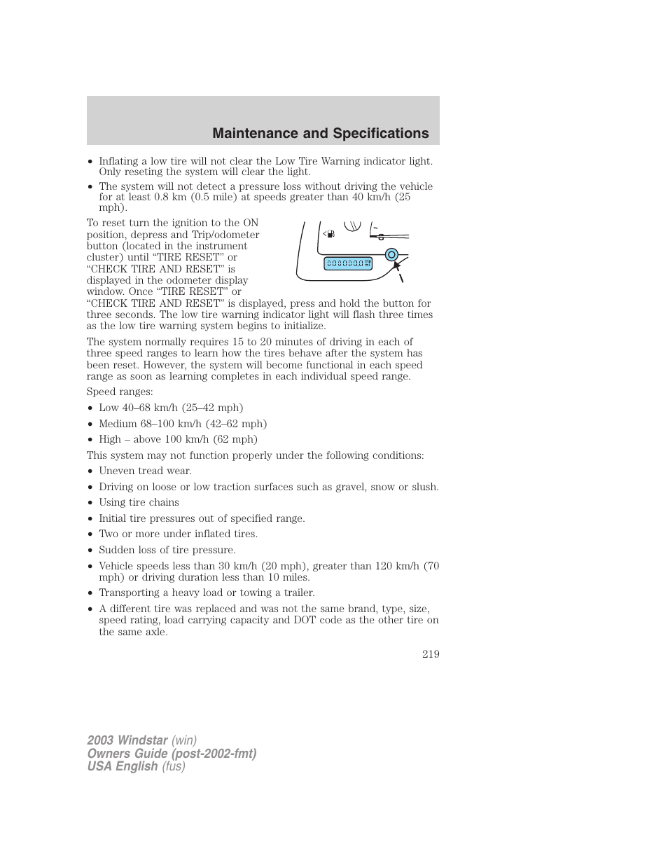 Maintenance and specifications | FORD 2003 Windstar v.3 User Manual | Page 219 / 240