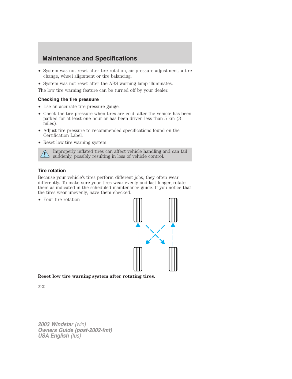 Maintenance and specifications | FORD 2003 Windstar v.3 User Manual | Page 220 / 240