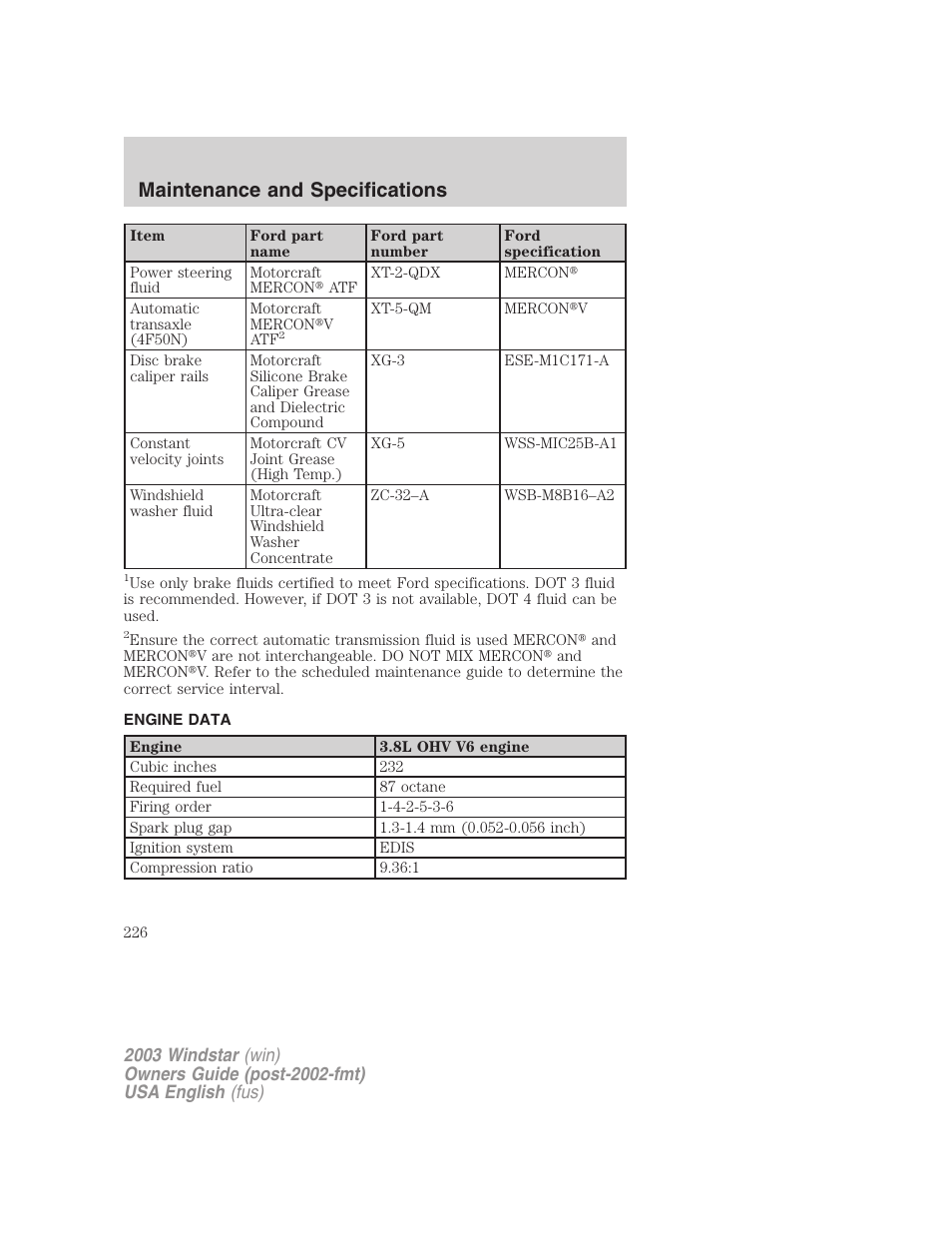 Maintenance and specifications | FORD 2003 Windstar v.3 User Manual | Page 226 / 240