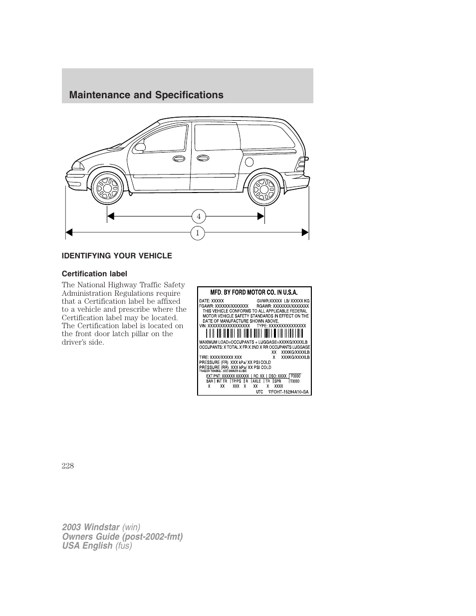 Maintenance and specifications | FORD 2003 Windstar v.3 User Manual | Page 228 / 240