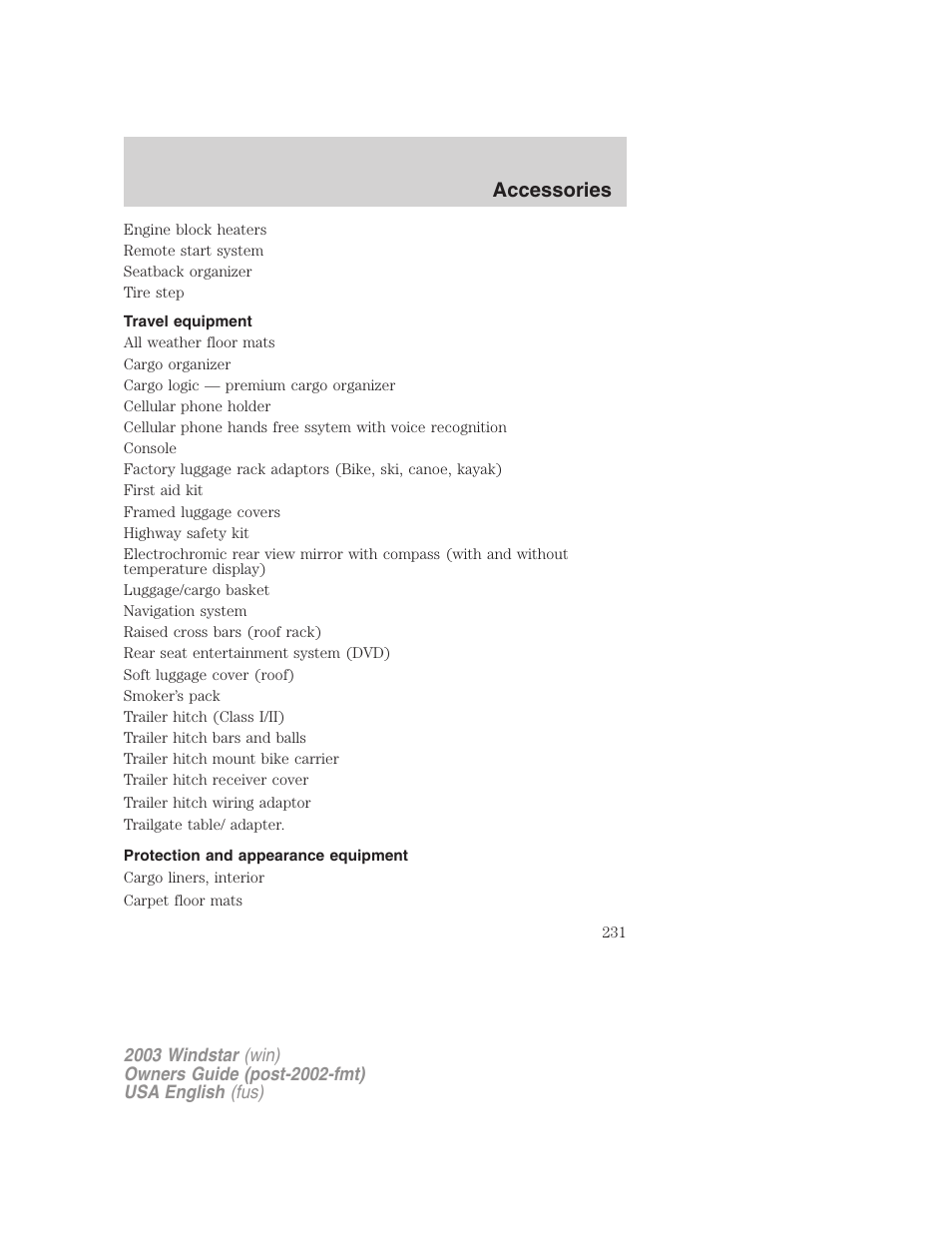 Accessories | FORD 2003 Windstar v.3 User Manual | Page 231 / 240