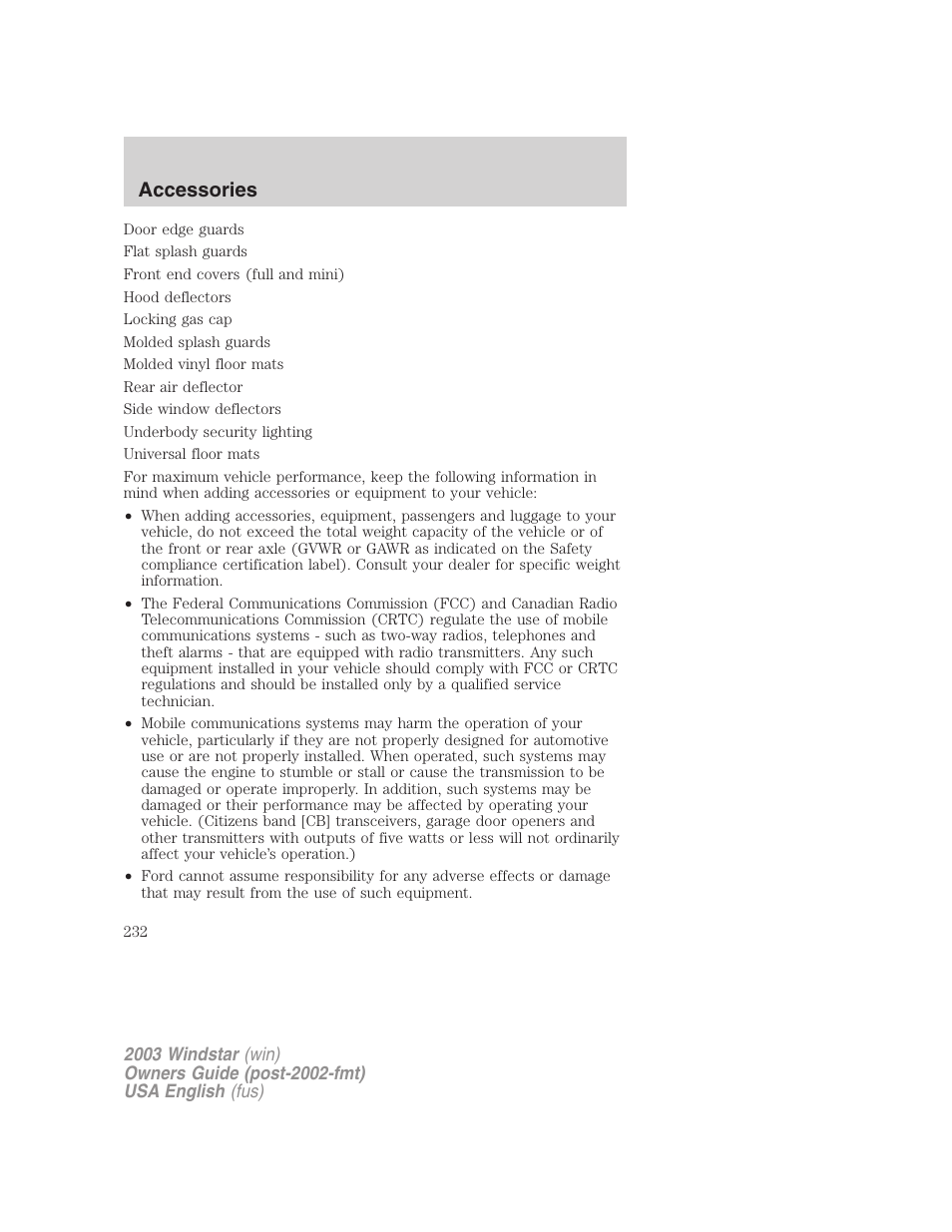 Accessories | FORD 2003 Windstar v.3 User Manual | Page 232 / 240
