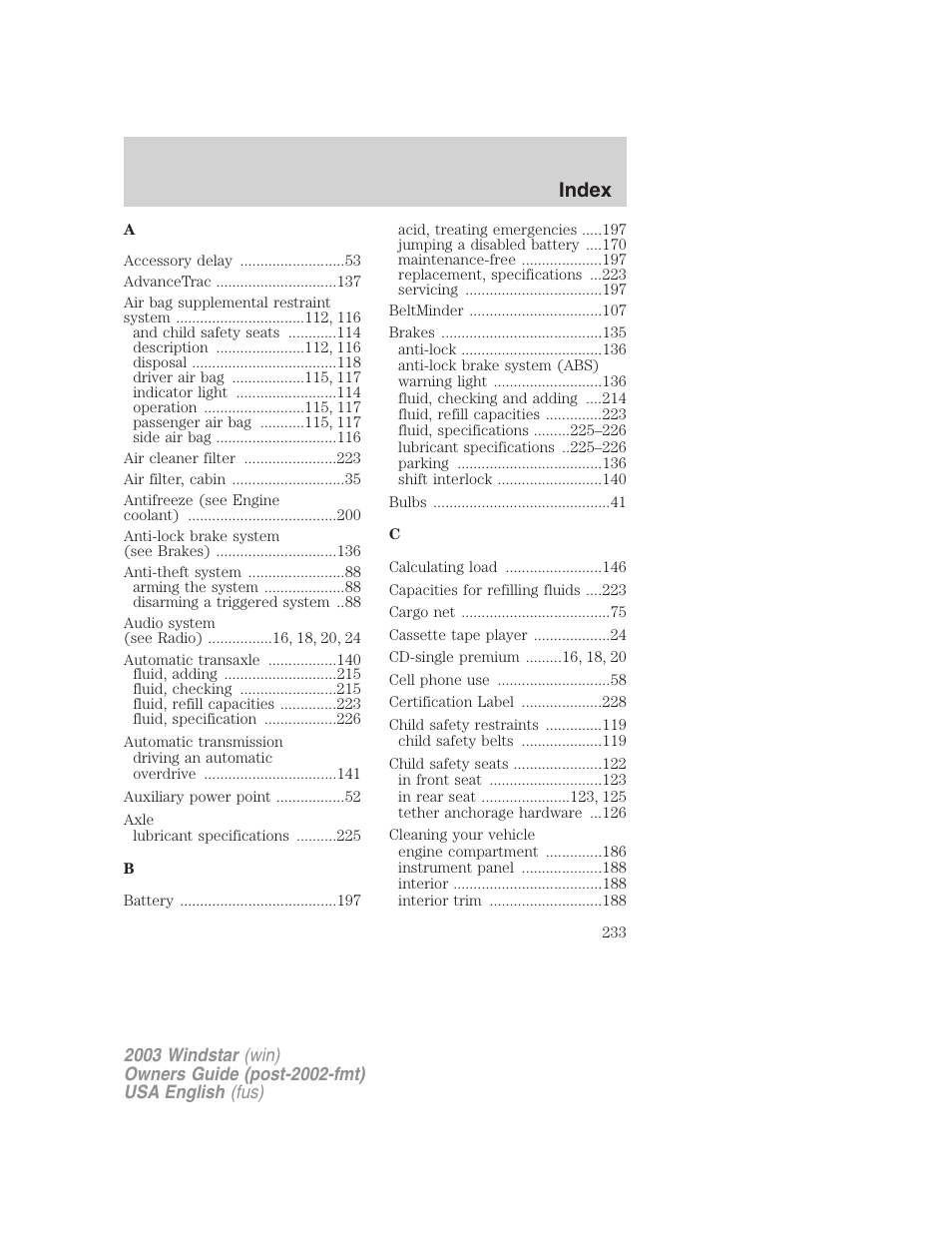 Index | FORD 2003 Windstar v.3 User Manual | Page 233 / 240
