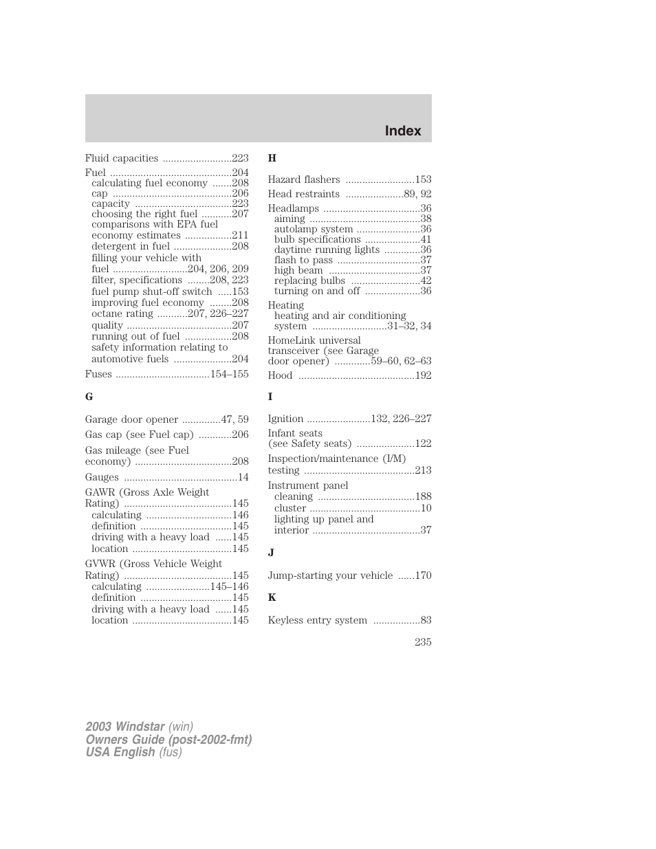 Index | FORD 2003 Windstar v.3 User Manual | Page 235 / 240