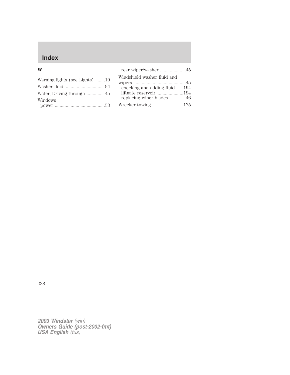 Index | FORD 2003 Windstar v.3 User Manual | Page 238 / 240