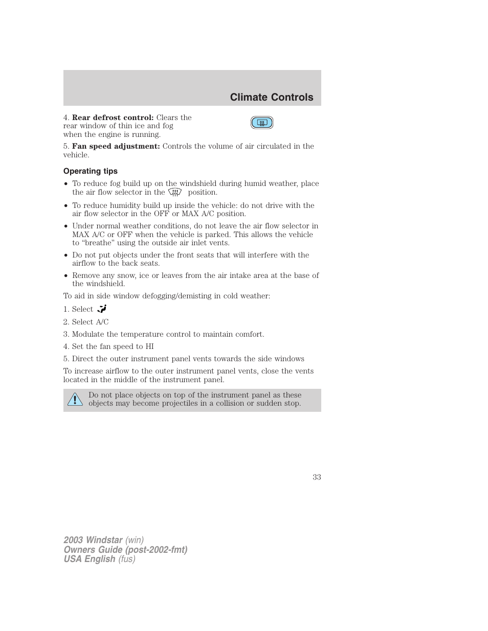 Climate controls | FORD 2003 Windstar v.3 User Manual | Page 33 / 240