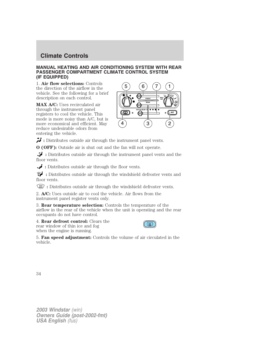Climate controls | FORD 2003 Windstar v.3 User Manual | Page 34 / 240