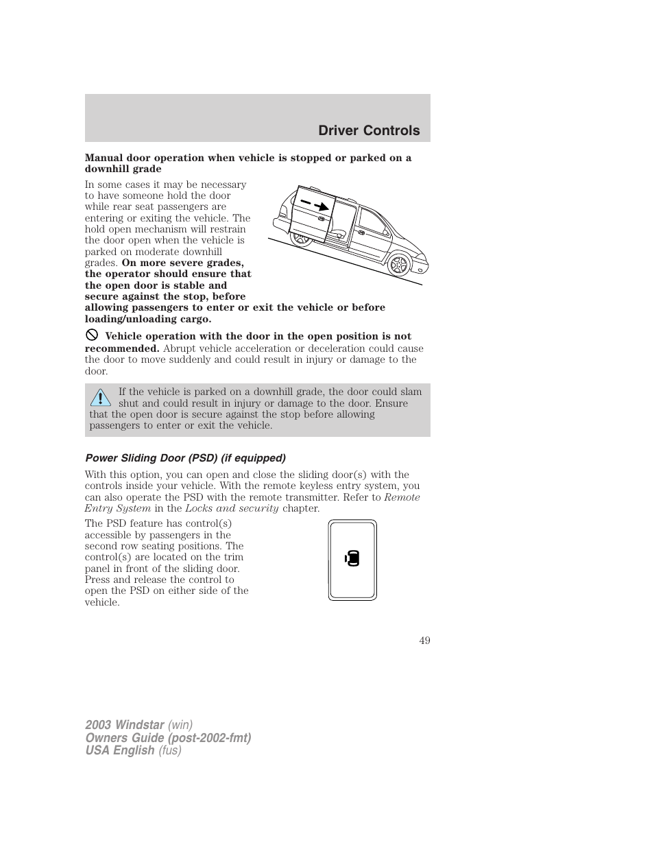 Driver controls | FORD 2003 Windstar v.3 User Manual | Page 49 / 240