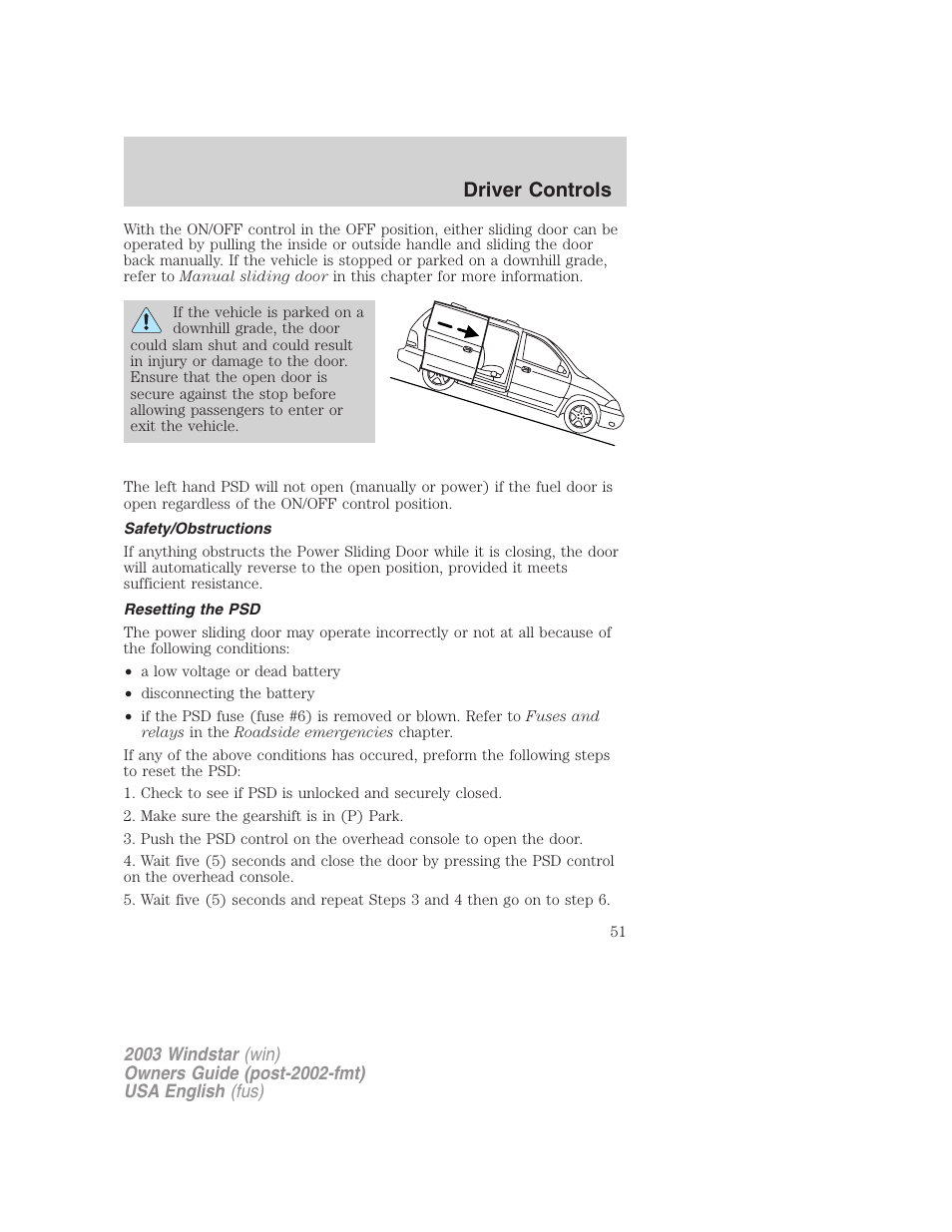 Driver controls | FORD 2003 Windstar v.3 User Manual | Page 51 / 240