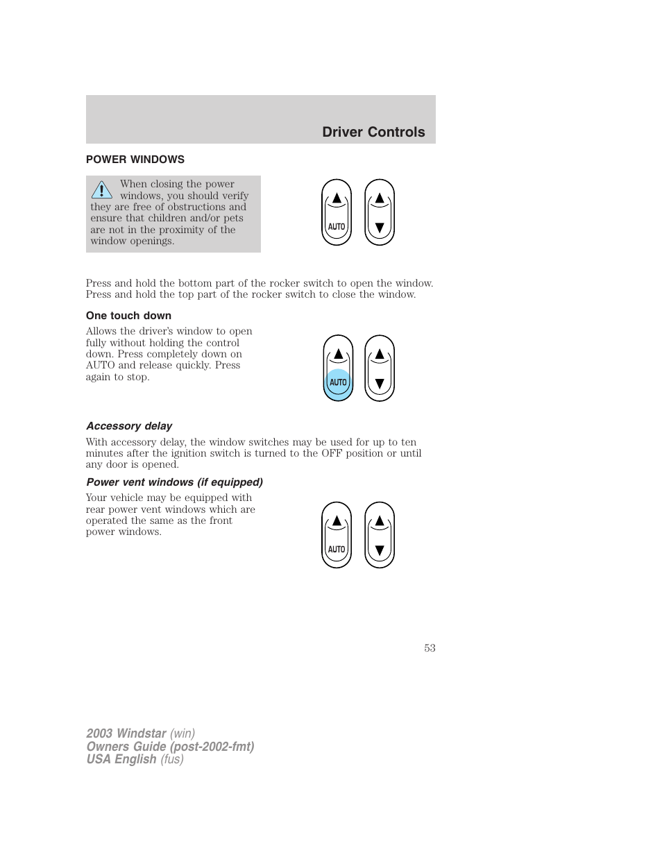Driver controls | FORD 2003 Windstar v.3 User Manual | Page 53 / 240
