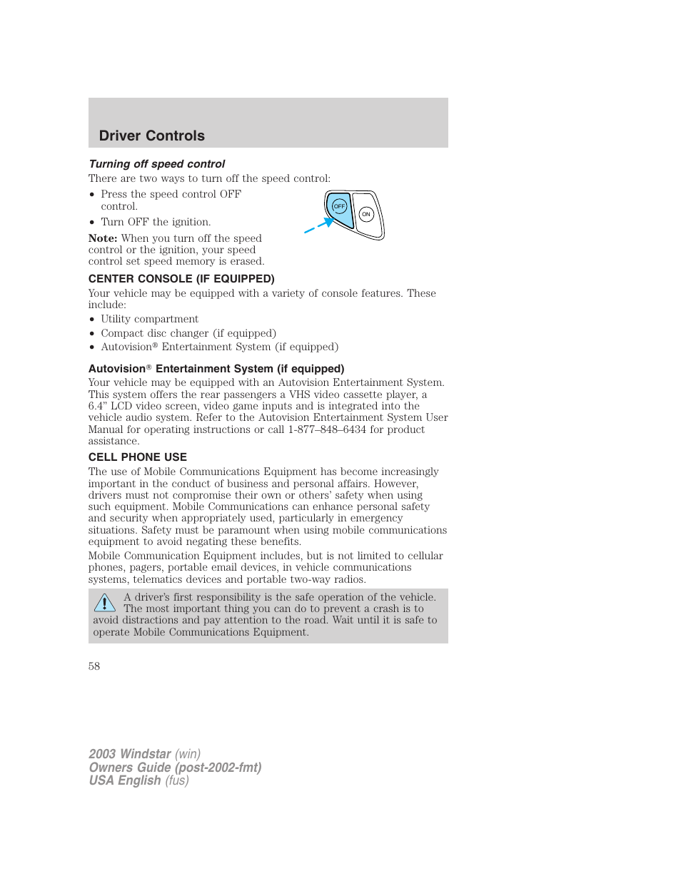 Driver controls | FORD 2003 Windstar v.3 User Manual | Page 58 / 240