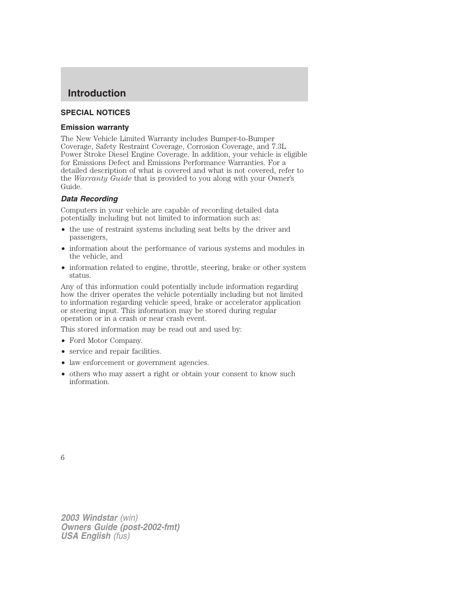 Introduction | FORD 2003 Windstar v.3 User Manual | Page 6 / 240
