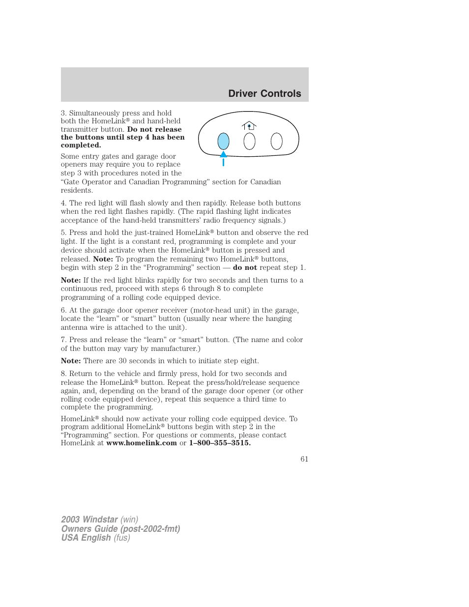 Driver controls | FORD 2003 Windstar v.3 User Manual | Page 61 / 240