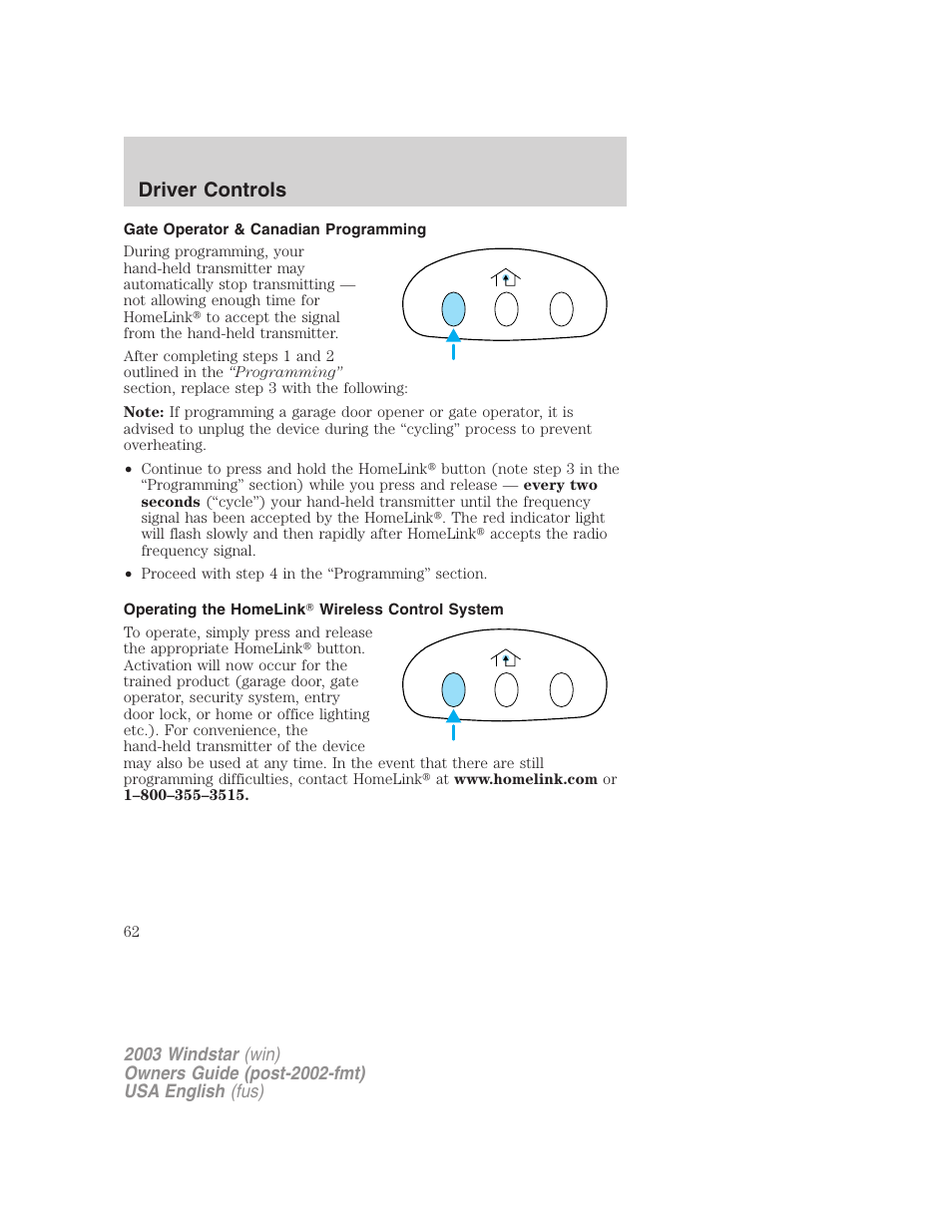 Driver controls | FORD 2003 Windstar v.3 User Manual | Page 62 / 240