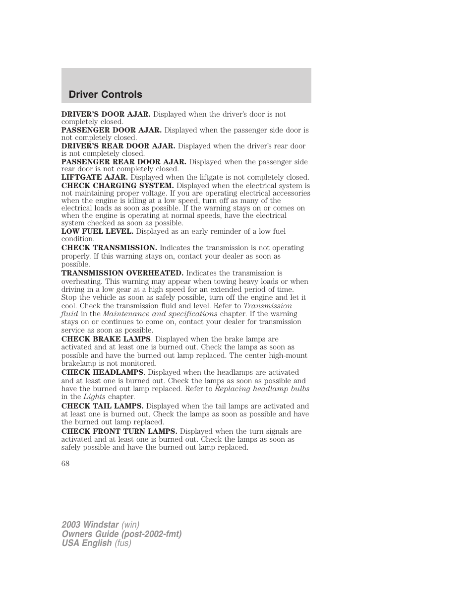 FORD 2003 Windstar v.3 User Manual | Page 68 / 240
