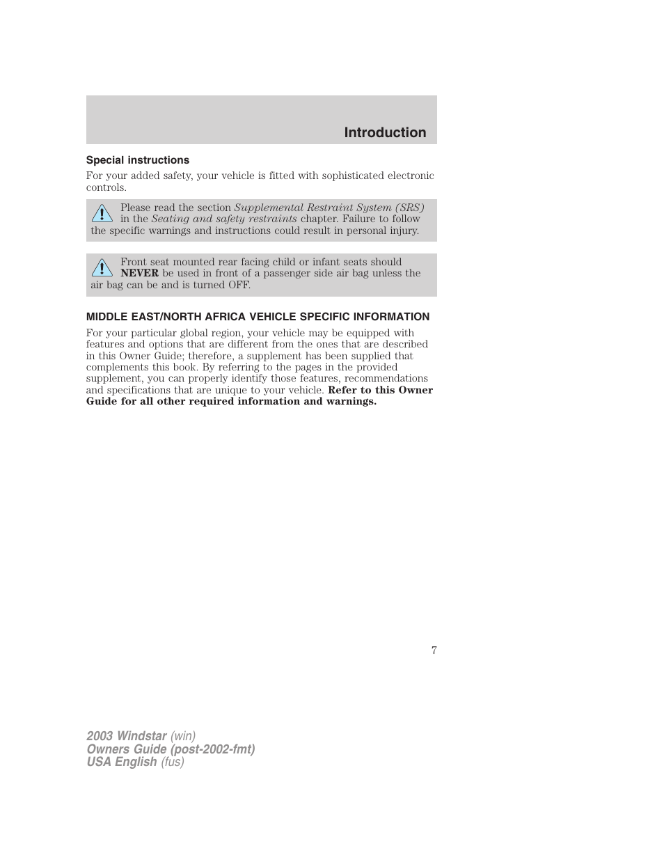 Introduction | FORD 2003 Windstar v.3 User Manual | Page 7 / 240