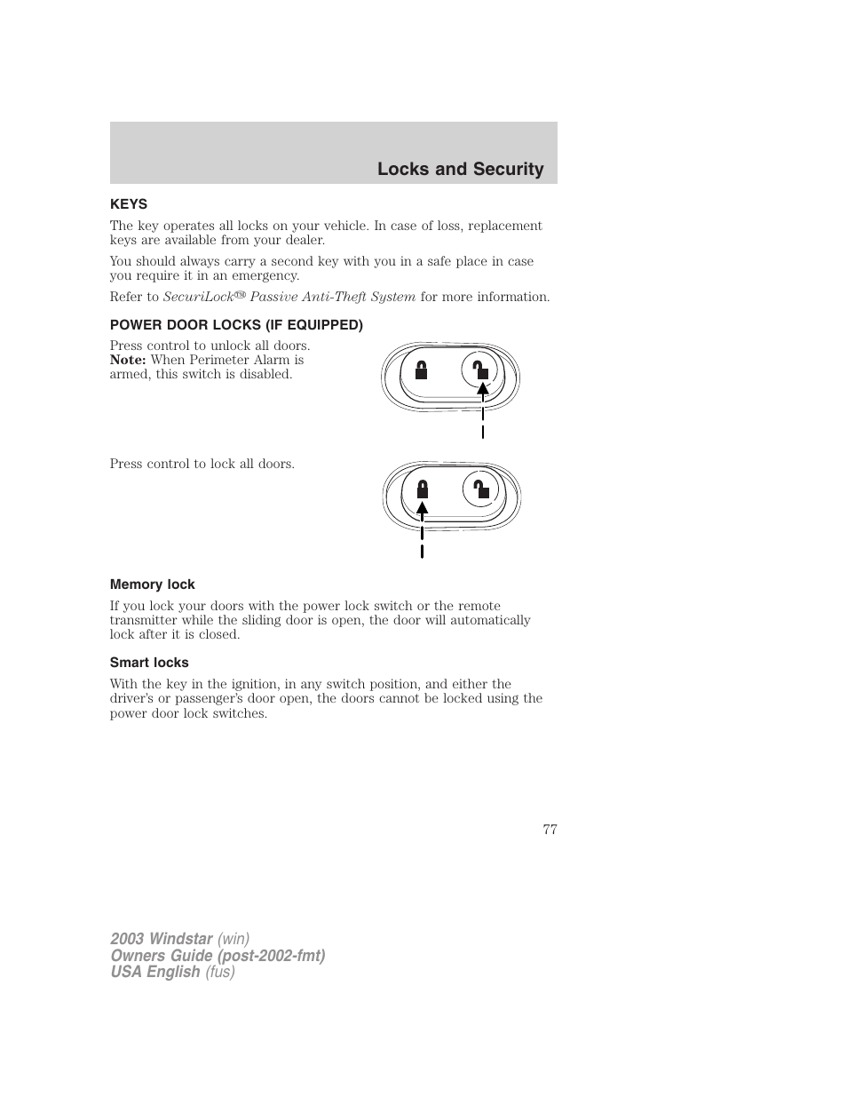 Locks and security | FORD 2003 Windstar v.3 User Manual | Page 77 / 240