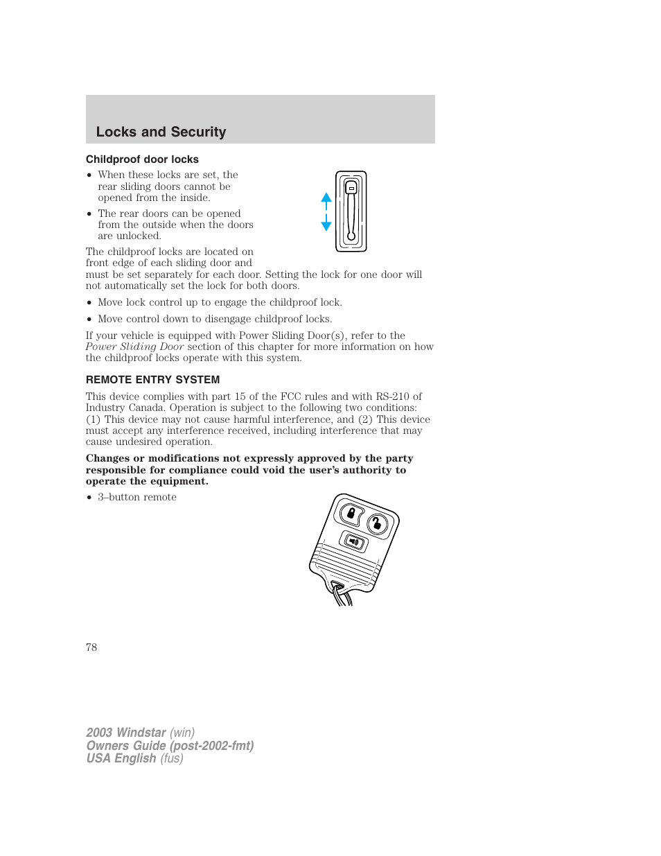 Locks and security | FORD 2003 Windstar v.3 User Manual | Page 78 / 240