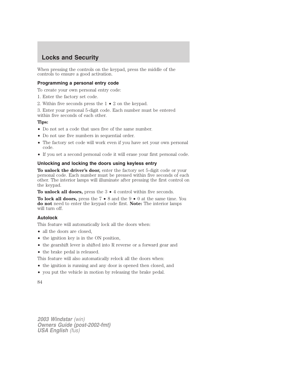 Locks and security | FORD 2003 Windstar v.3 User Manual | Page 84 / 240