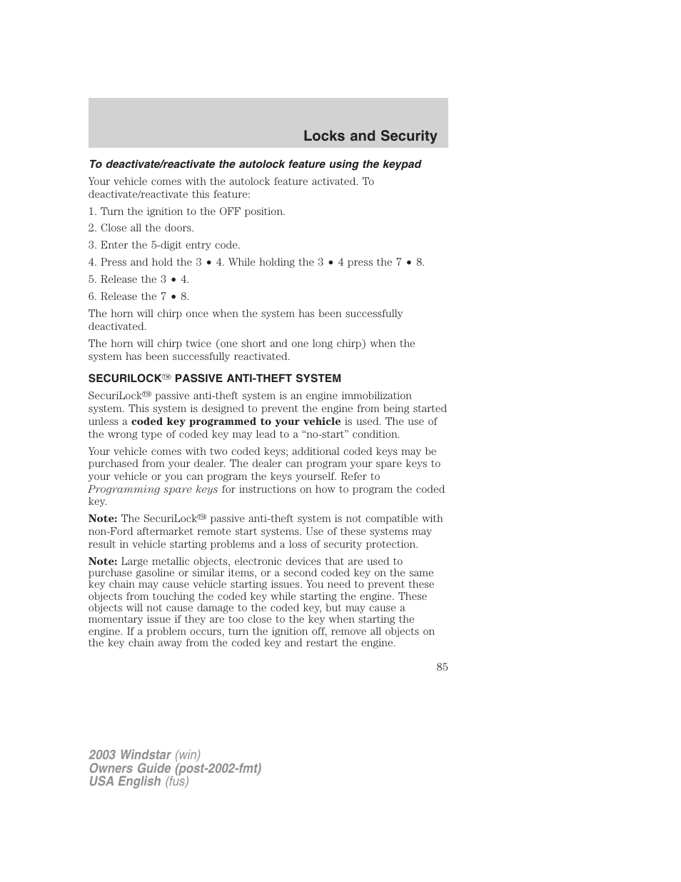 Locks and security | FORD 2003 Windstar v.3 User Manual | Page 85 / 240