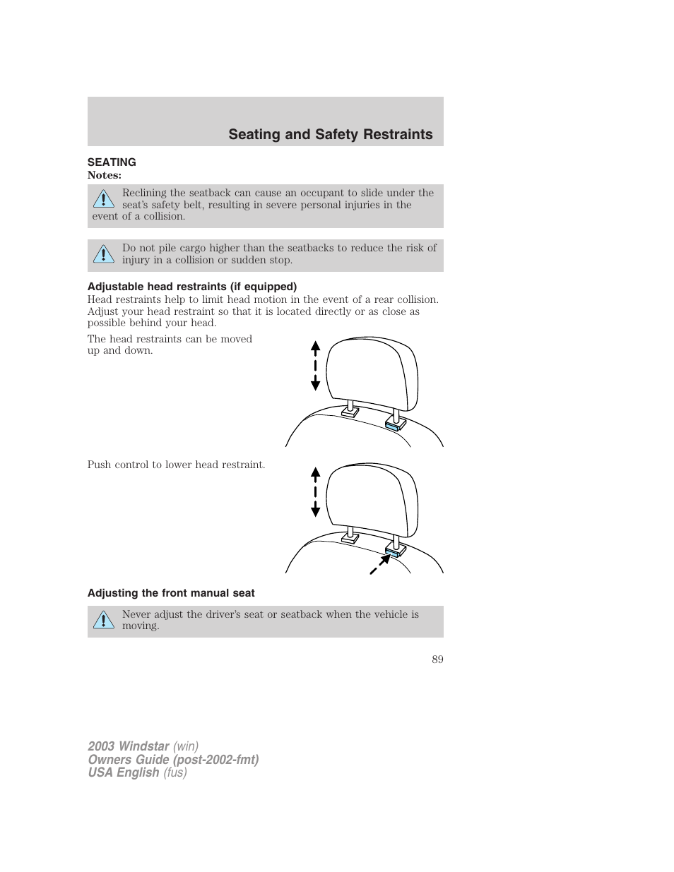 Seating and safety restraints | FORD 2003 Windstar v.3 User Manual | Page 89 / 240