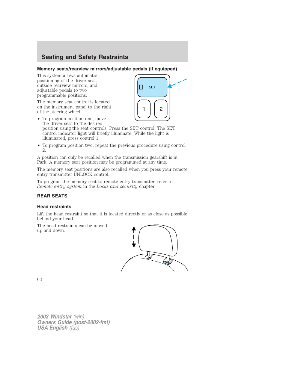 Seating and safety restraints | FORD 2003 Windstar v.3 User Manual | Page 92 / 240