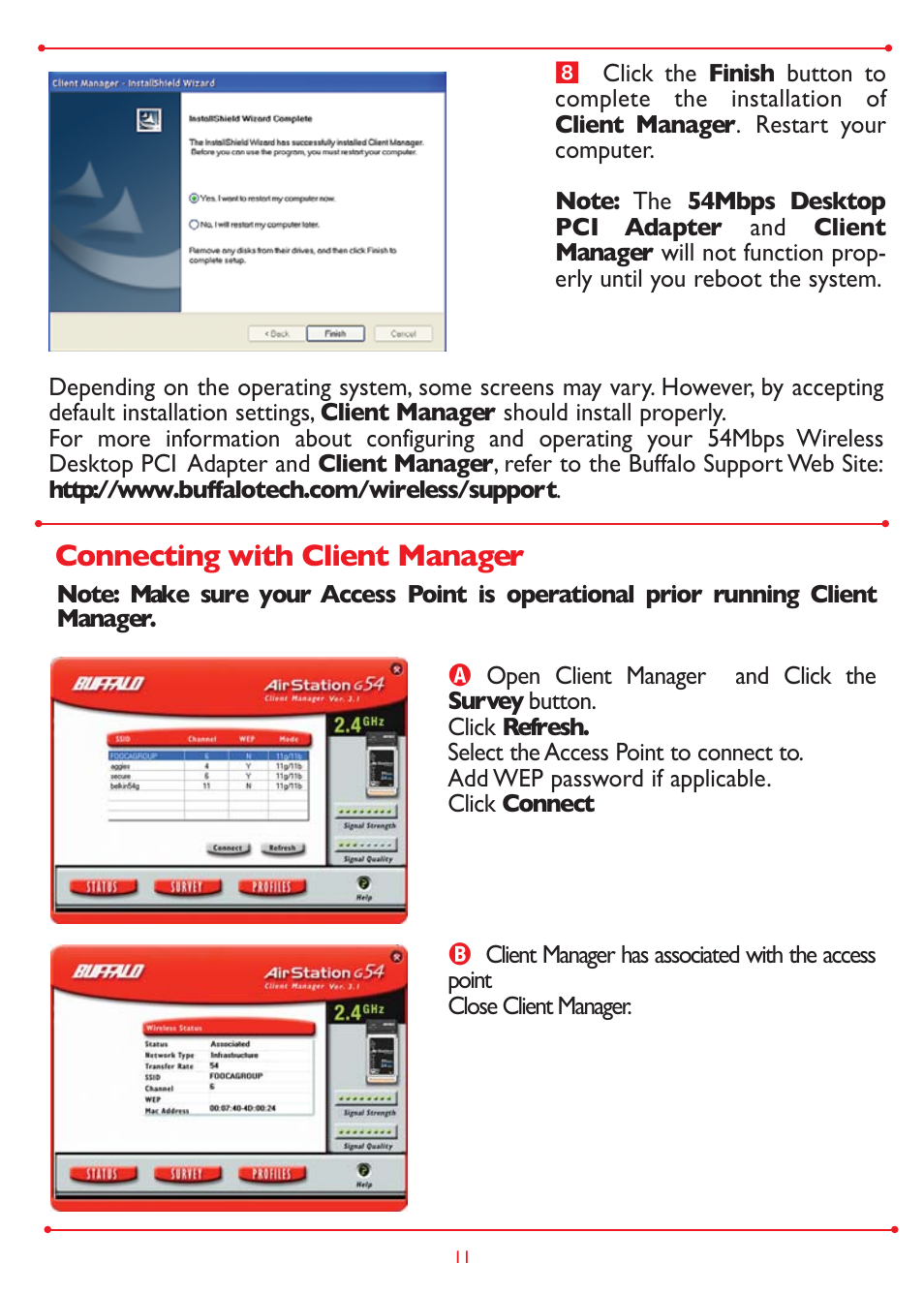 Connecting with client manager | Buffalo Technology Buffalo AirStation WLI-PCI-G54 User Manual | Page 11 / 12