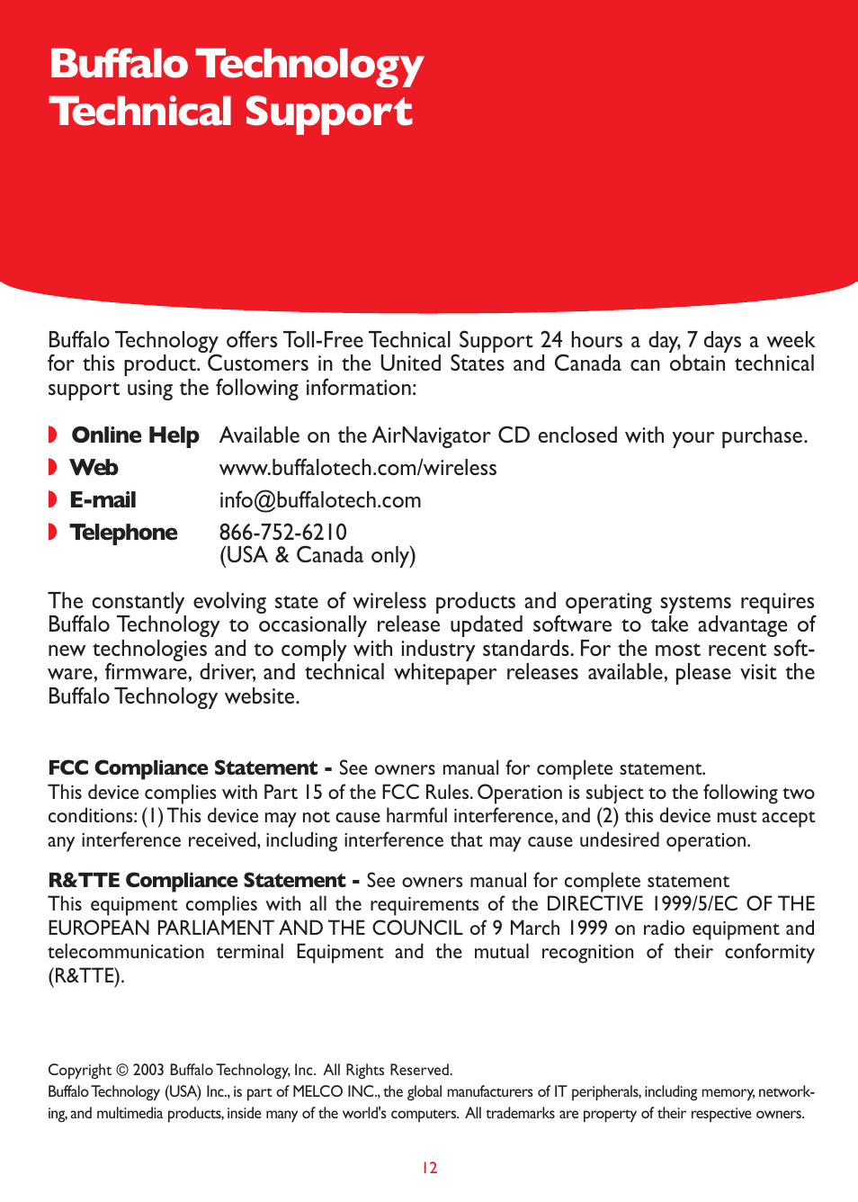 Buffalo technology technical support | Buffalo Technology Buffalo AirStation WLI-PCI-G54 User Manual | Page 12 / 12