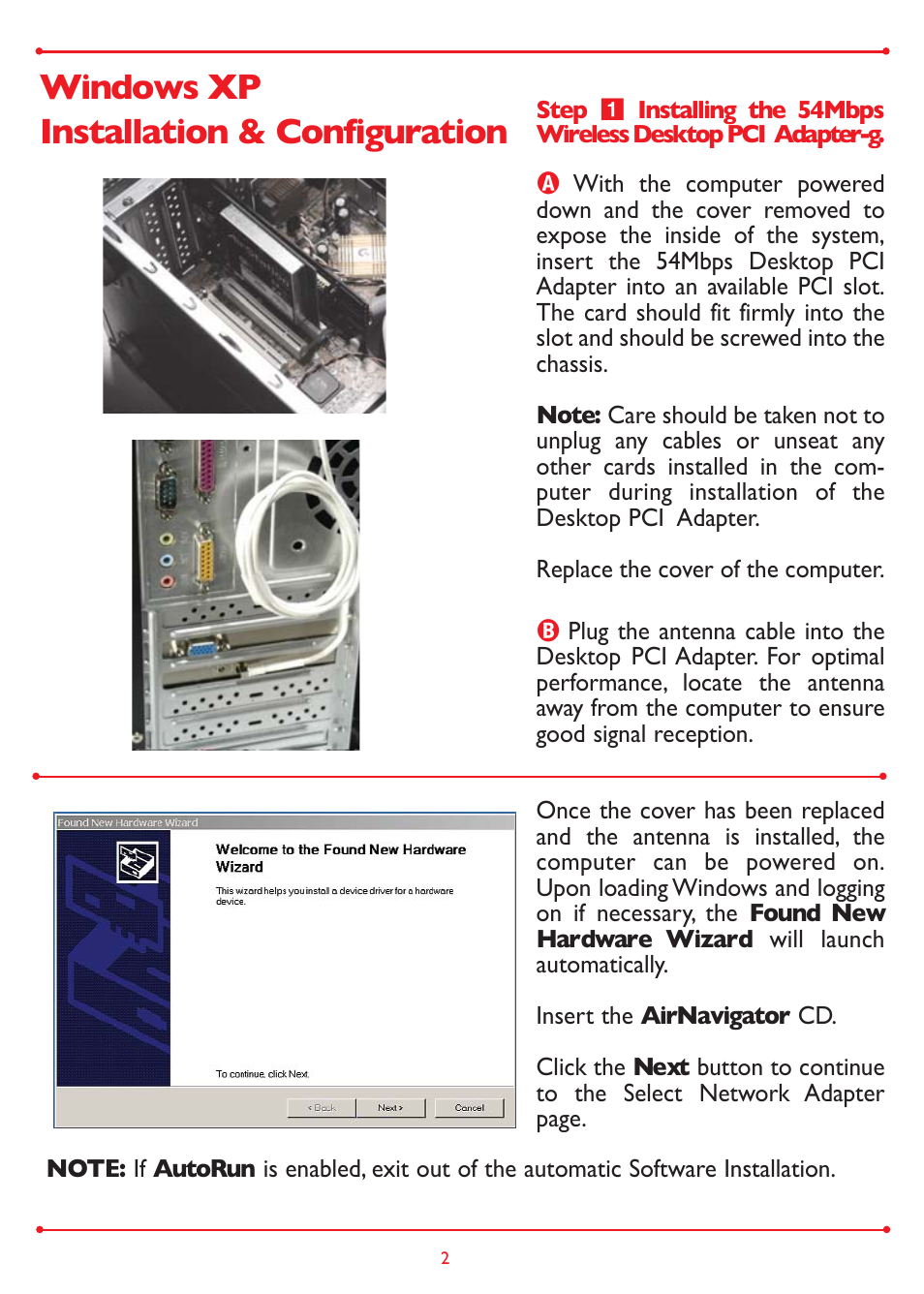 Windows xp installation & configuration | Buffalo Technology Buffalo AirStation WLI-PCI-G54 User Manual | Page 2 / 12