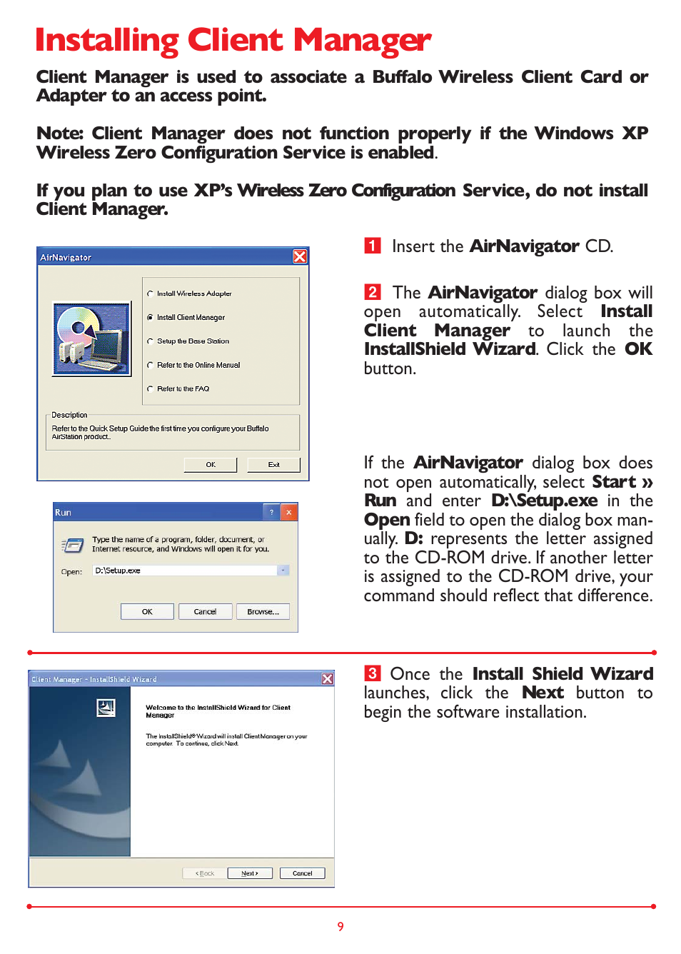 Installing client manager | Buffalo Technology Buffalo AirStation WLI-PCI-G54 User Manual | Page 9 / 12