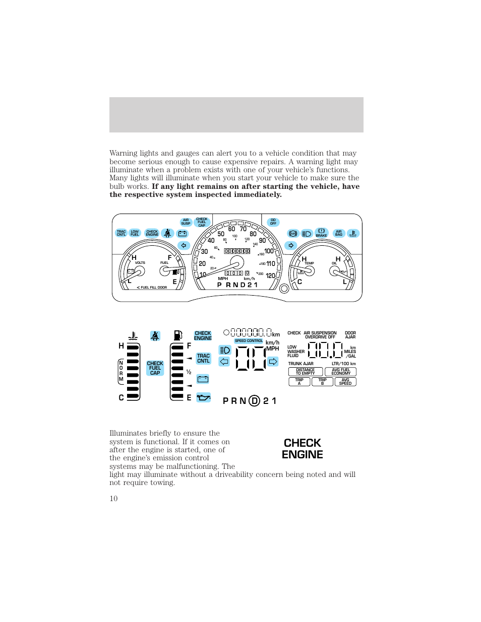 Instrument cluster, Check engine | FORD 2002 Crown Victoria v.2 User Manual | Page 10 / 240