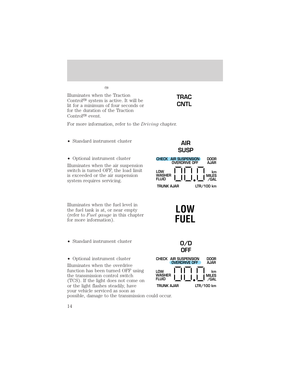 Low fuel, Instrument cluster | FORD 2002 Crown Victoria v.2 User Manual | Page 14 / 240