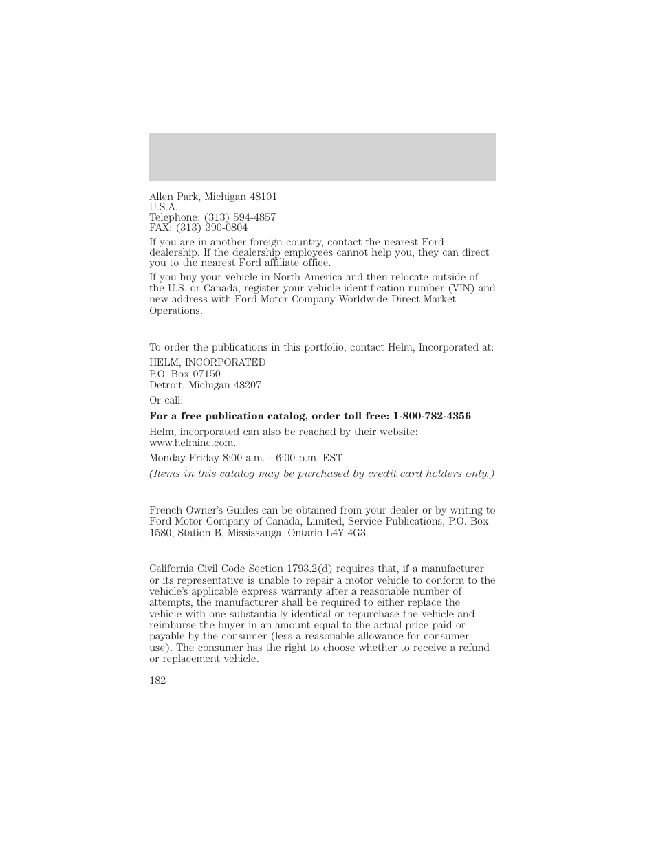 Customer assistance | FORD 2002 Crown Victoria v.2 User Manual | Page 182 / 240