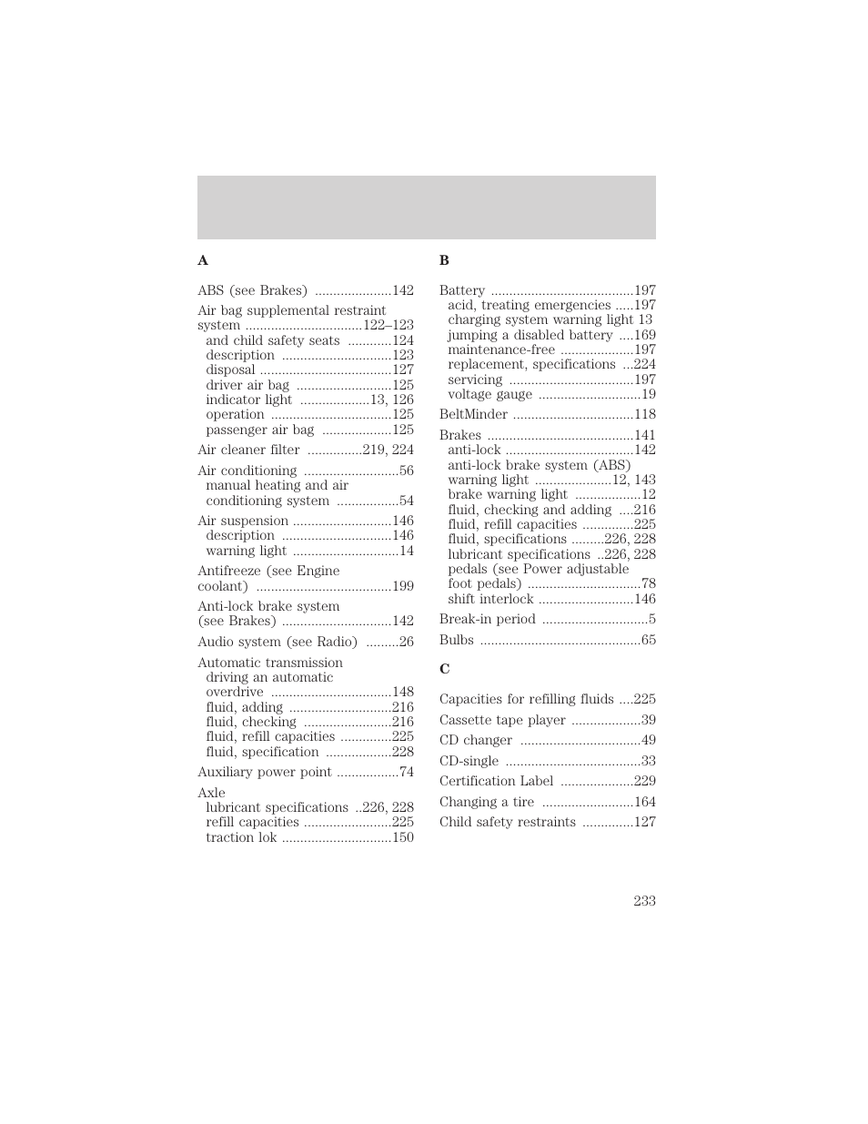 Index | FORD 2002 Crown Victoria v.2 User Manual | Page 233 / 240