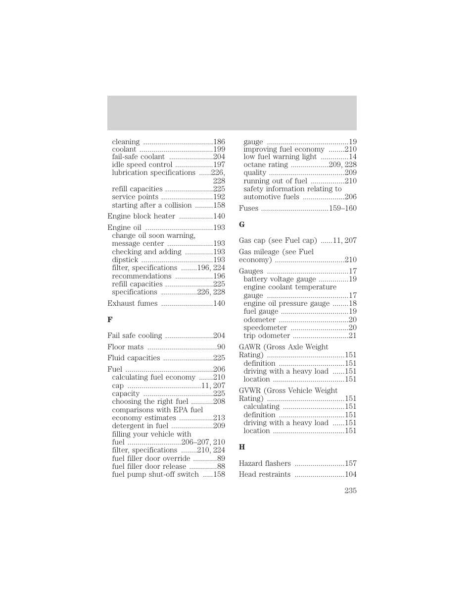 Index | FORD 2002 Crown Victoria v.2 User Manual | Page 235 / 240