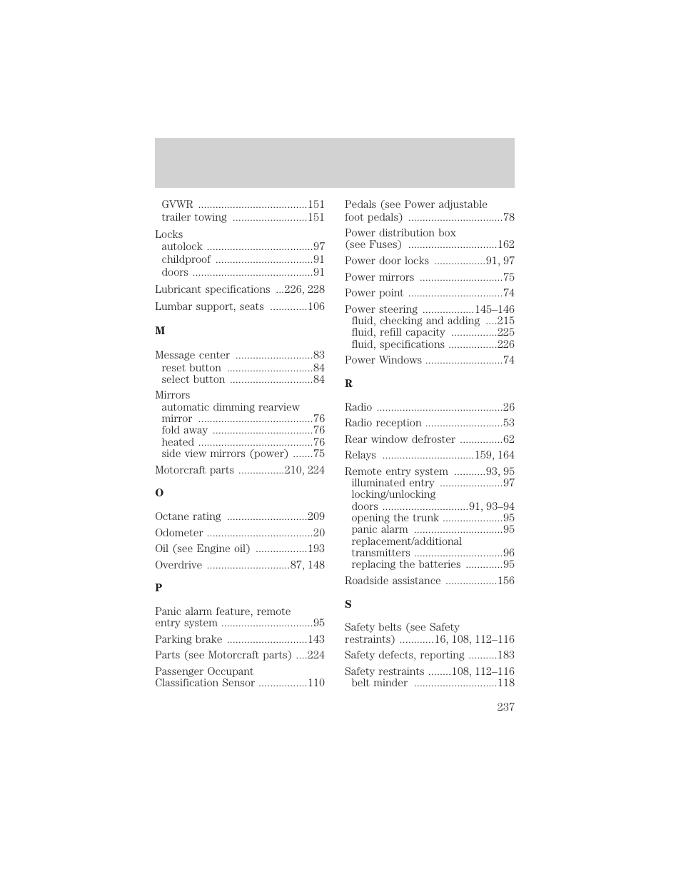 Index | FORD 2002 Crown Victoria v.2 User Manual | Page 237 / 240