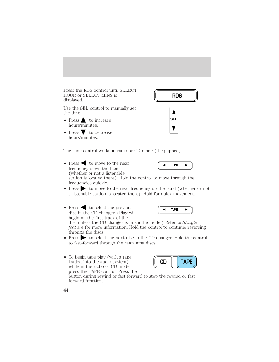 Entertainment systems, Cd tape | FORD 2002 Crown Victoria v.2 User Manual | Page 44 / 240