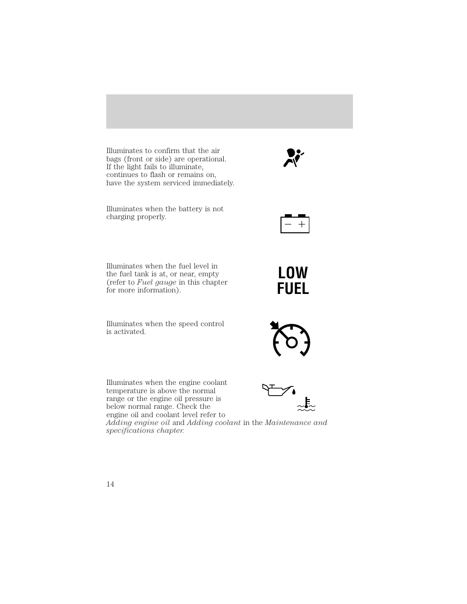 Low fuel | FORD 2002 E-450 v.1 User Manual | Page 14 / 272