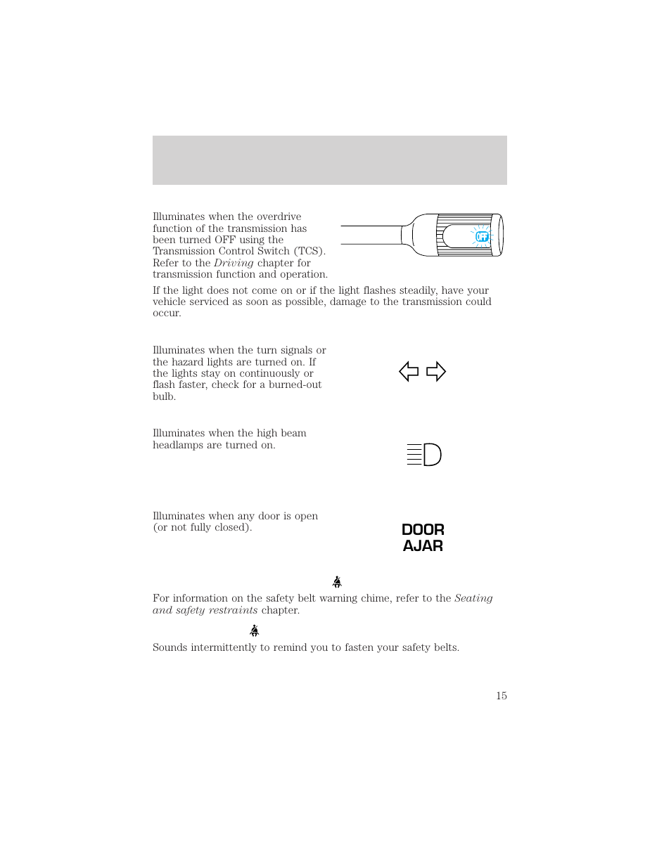 Door ajar, Instrument cluster | FORD 2002 E-450 v.1 User Manual | Page 15 / 272
