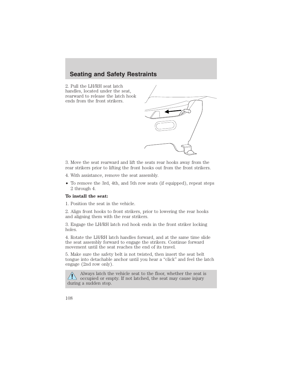 Seating and safety restraints | FORD 2002 E-450 v.2 User Manual | Page 108 / 256