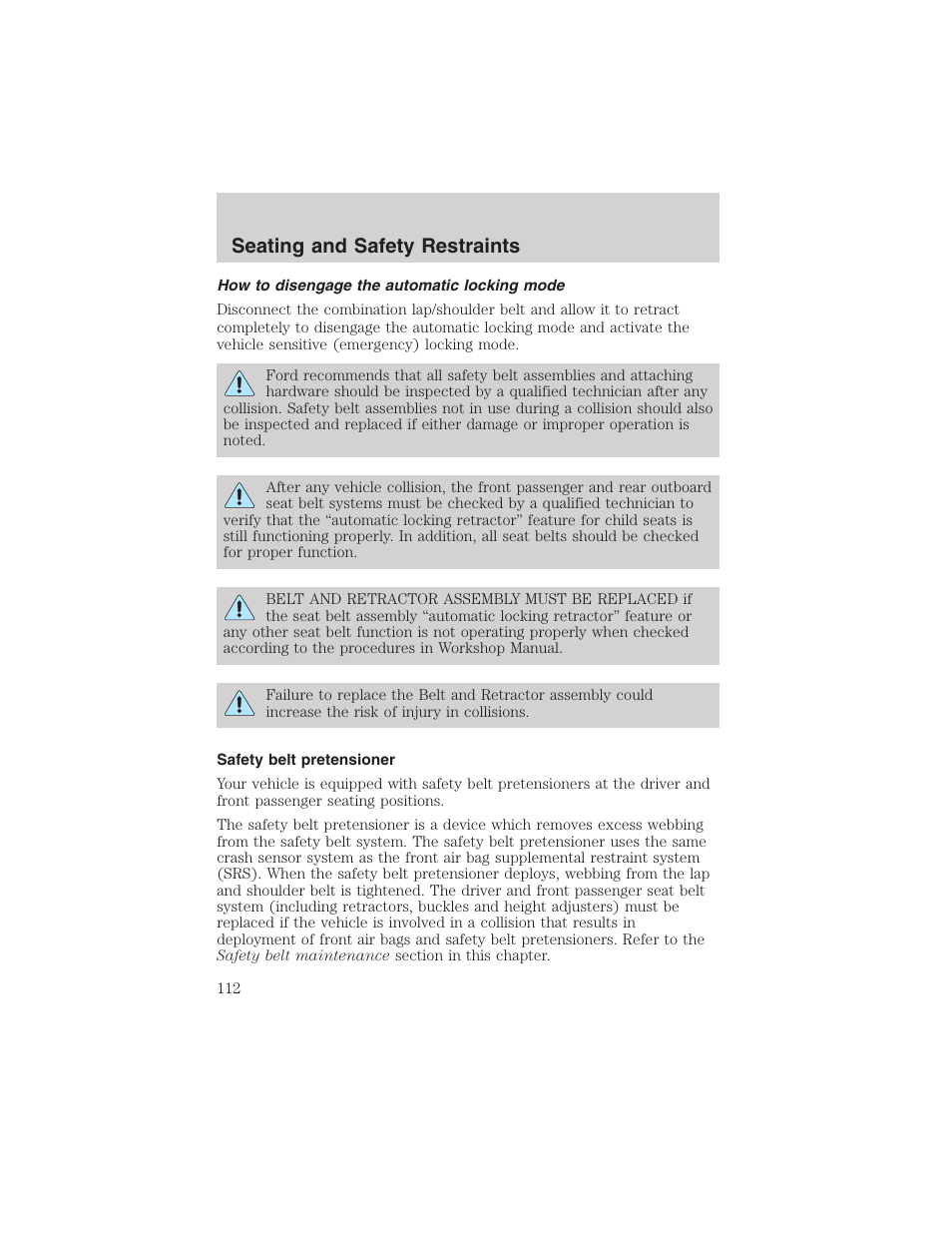 Seating and safety restraints | FORD 2002 E-450 v.2 User Manual | Page 112 / 256
