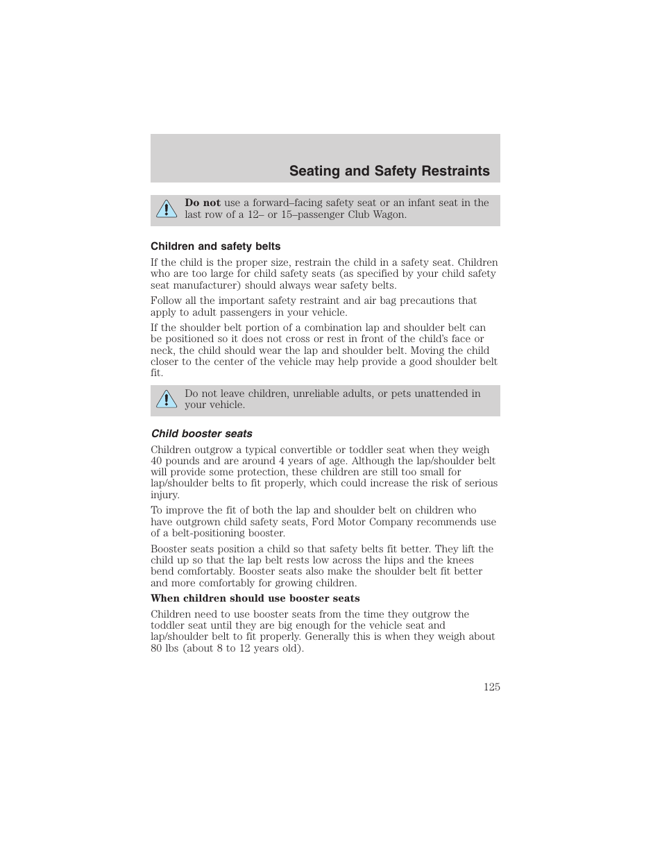 Seating and safety restraints | FORD 2002 E-450 v.2 User Manual | Page 125 / 256