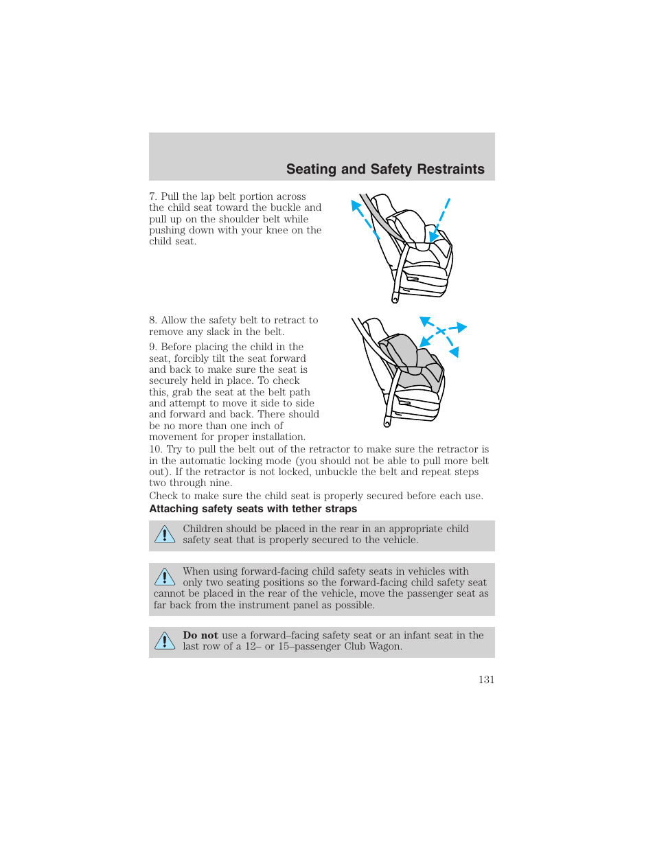 Seating and safety restraints | FORD 2002 E-450 v.2 User Manual | Page 131 / 256
