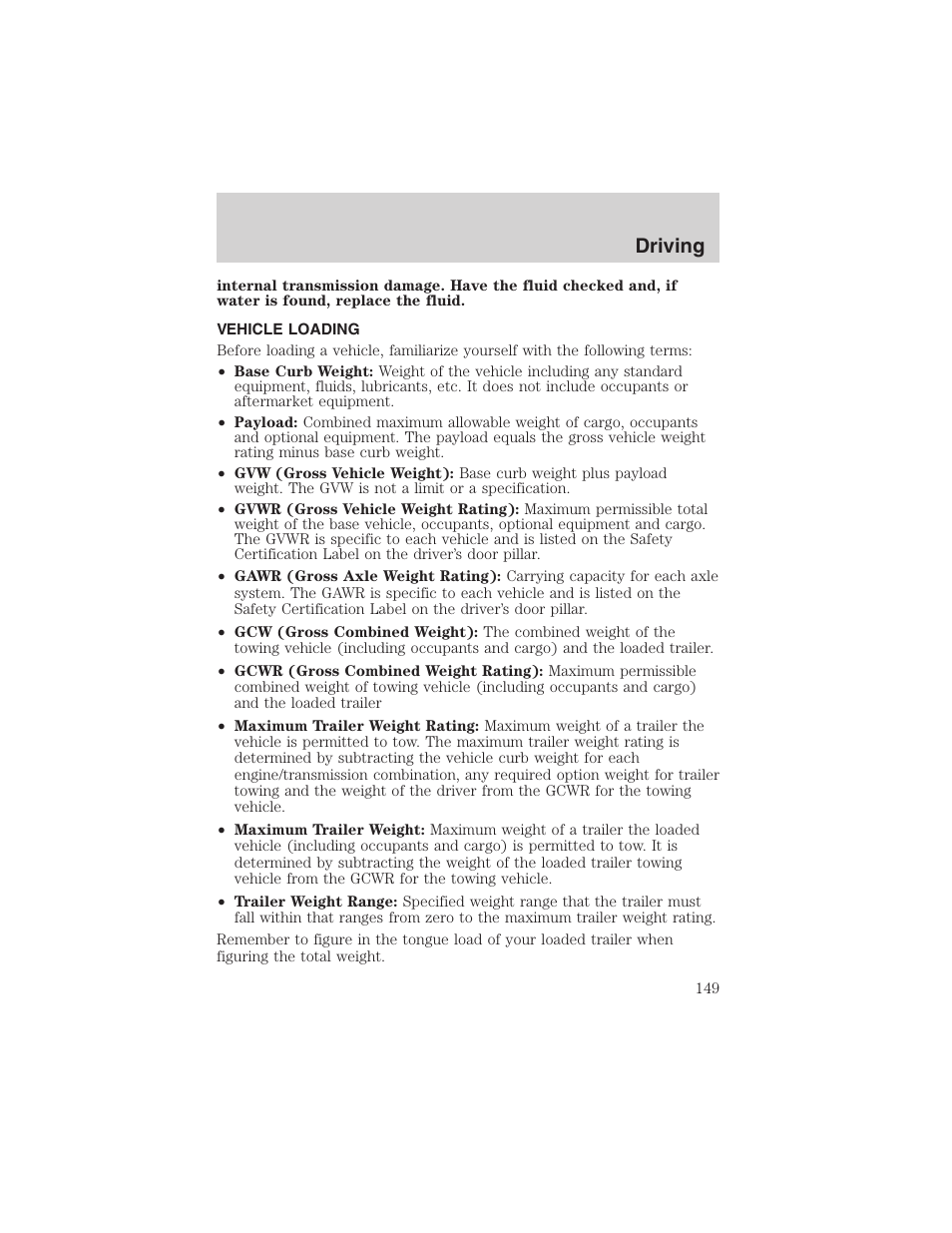 Driving | FORD 2002 E-450 v.2 User Manual | Page 149 / 256