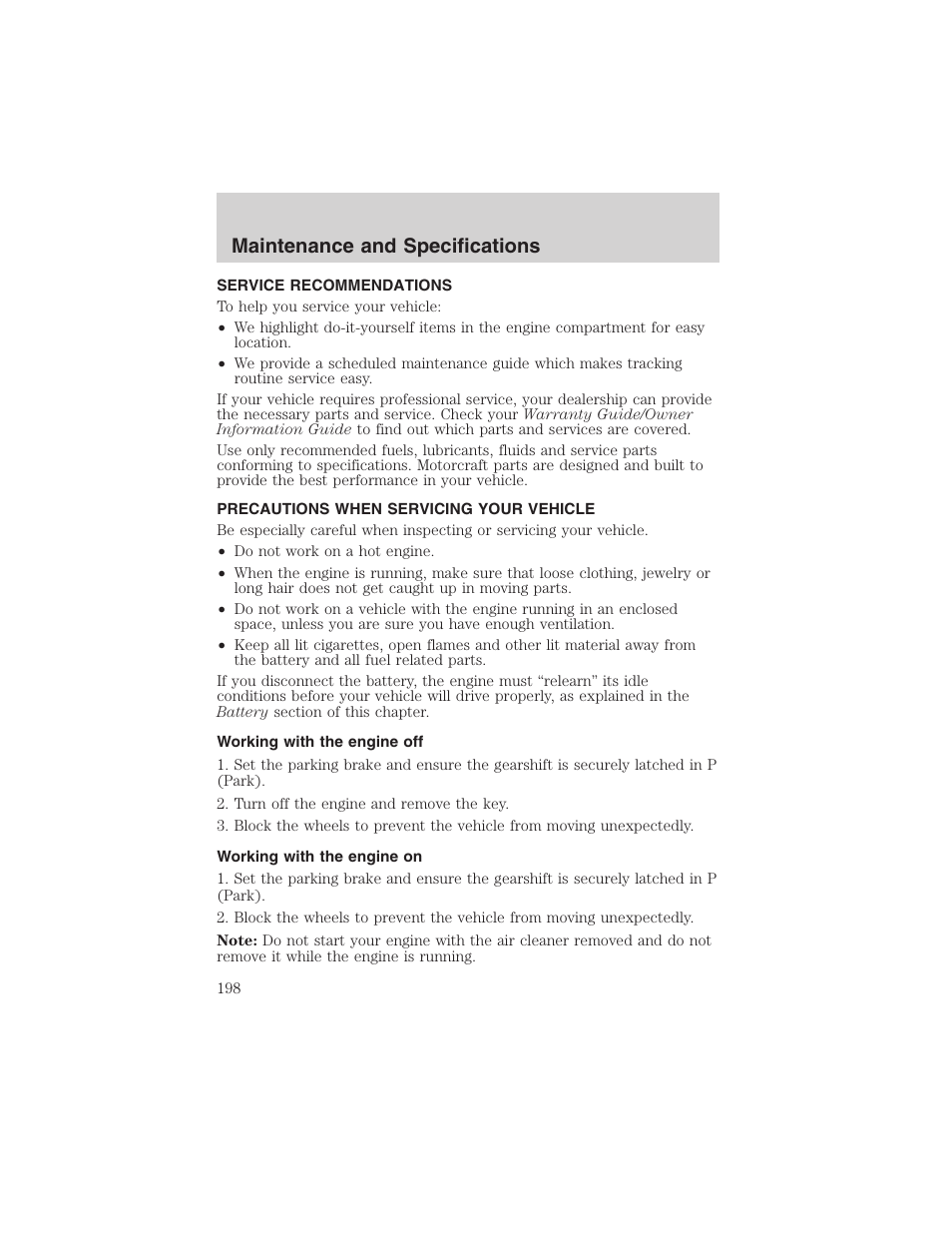 Maintenance and specifications | FORD 2002 E-450 v.2 User Manual | Page 198 / 256